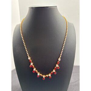 Gold-Toned ADF (Art De France) Rhinestone Tennis Necklace With Red & Clear Gem A